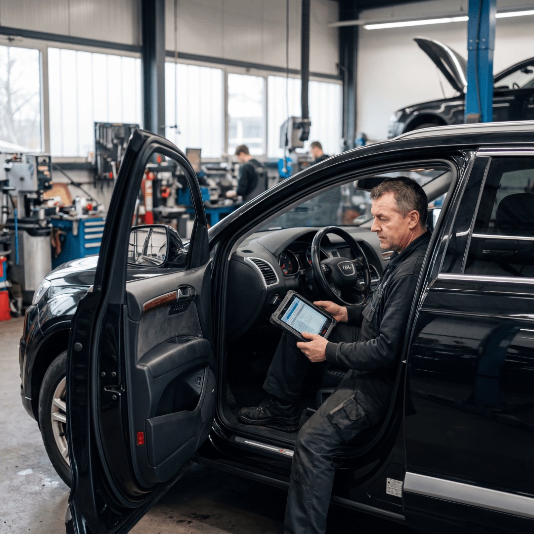Autokraitis meistras diagnozuoja automobilio garso sistemą planšete
